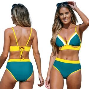 Cupshe Women's Colorblock Bikini Top High-Rise Bottoms Set Yellow Blue Medium